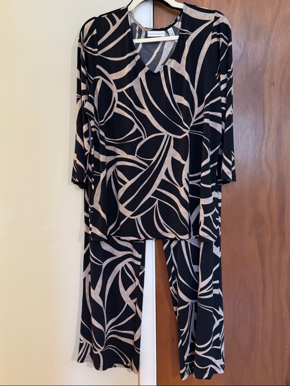 Susan Graver Liquid Knit Black and Taupe Abstract Two-Piece Set